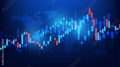 Abstract global business background with wireframe globe and dynamic financial candlestick charts on blue. 
