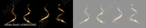 Golden sparkling light wave with radiant stars, luminous dust and flowing glitter particles, isolated on transparent PNG background.