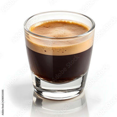 A Perfect Shot of Espresso: A rich, dark espresso with a thick layer of golden crema rests in a clear glass.