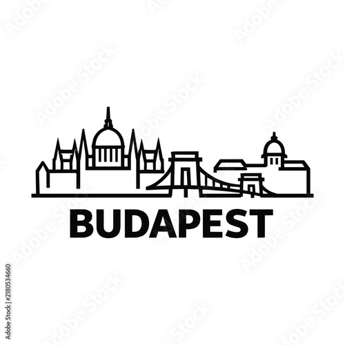 Budapest landmark skyline with a grand parliament dome, river bridge and historic city buildings, outline icon for tourism, travel, architecture and destination branding