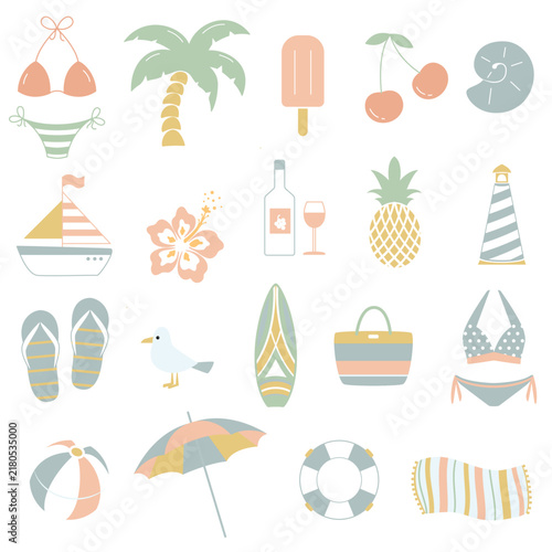 Big set summer elements. Tropical summer vector Icons and hand drawn elements