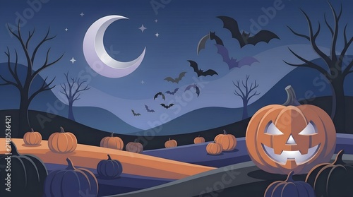 Halloween pumpkin patch landscape, spooky jack o lantern under crescent moon, bats flying in night sky, eerie autumn holiday background