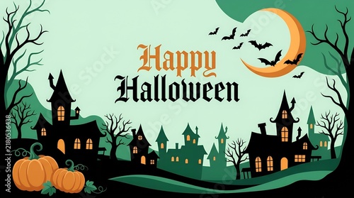 Vintage Happy Halloween greeting card, spooky haunted house silhouettes with pumpkins, gothic holiday banner with bats and crescent moon