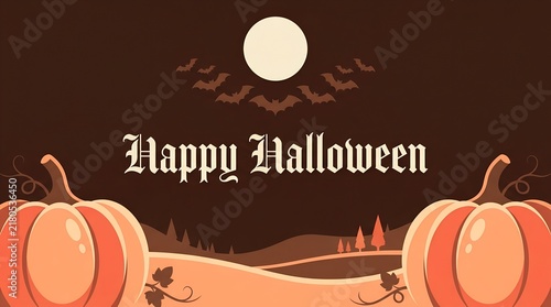 Vintage Happy Halloween greeting card, spooky night landscape with pumpkins and bats, retro autumn holiday banner with full moon