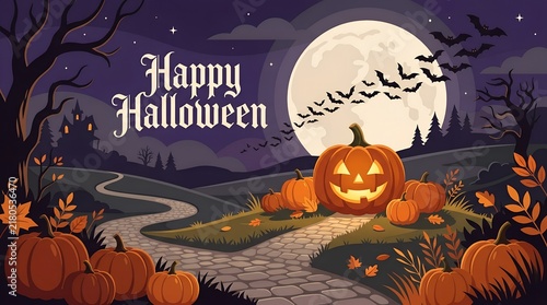 Happy Halloween greeting card with jack o lantern pumpkins. Spooky night landscape with full moon and bats. Autumn holiday banner.