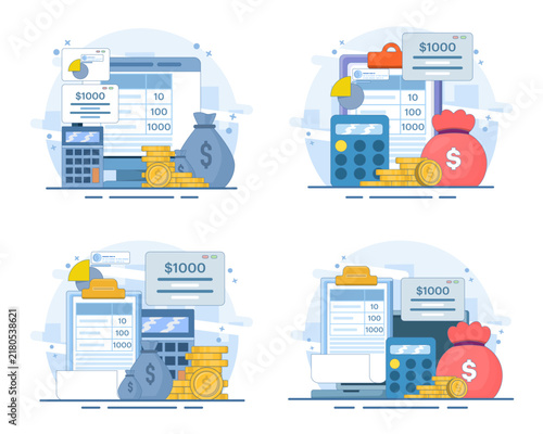 Household budget planning and financial management concept set. Stylish minimalist vectors of family income, recording expenses, and savings concepts for personal wealth and economic control.