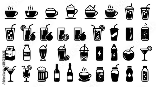 Black Cafe Refreshment Drinks Vector Icon Set with Hot and Cold Beverages