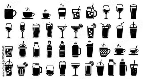 Black Beverage Cups Glasses and Bottles Vector Collection for Hot and Cold Drinks