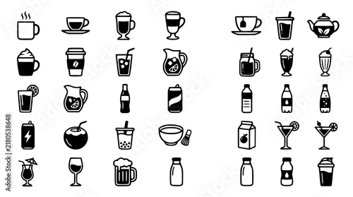 Black Hot and Cold Drinks Vector Set Collection with Coffee Tea Juice Soda and Beverage Cups