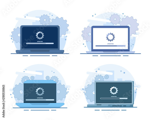 Computer software update illustration set showing a laptop with a system upgrade interface, representing installation, maintenance, operating system updates, digital technology, and optimization.