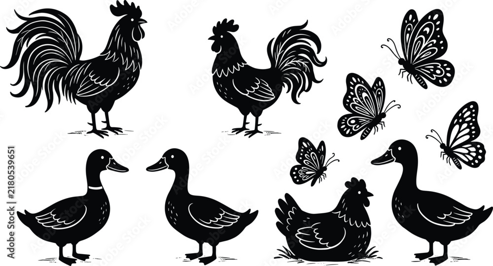 Obraz premium Set of black silhouettes of farm animals, roosters, ducks, hens, and butterflies on white