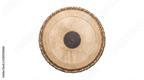 Traditional Indian tabla drum top view, ethnic percussion instrument with leather skin and black syahi, musical equipment for classical folk music isolated PNG with Transparent Background