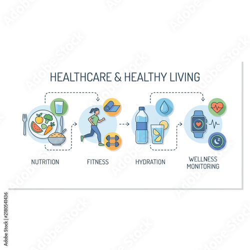 Healthy Living Workflow Steps Nutrition Fitness and Hydration