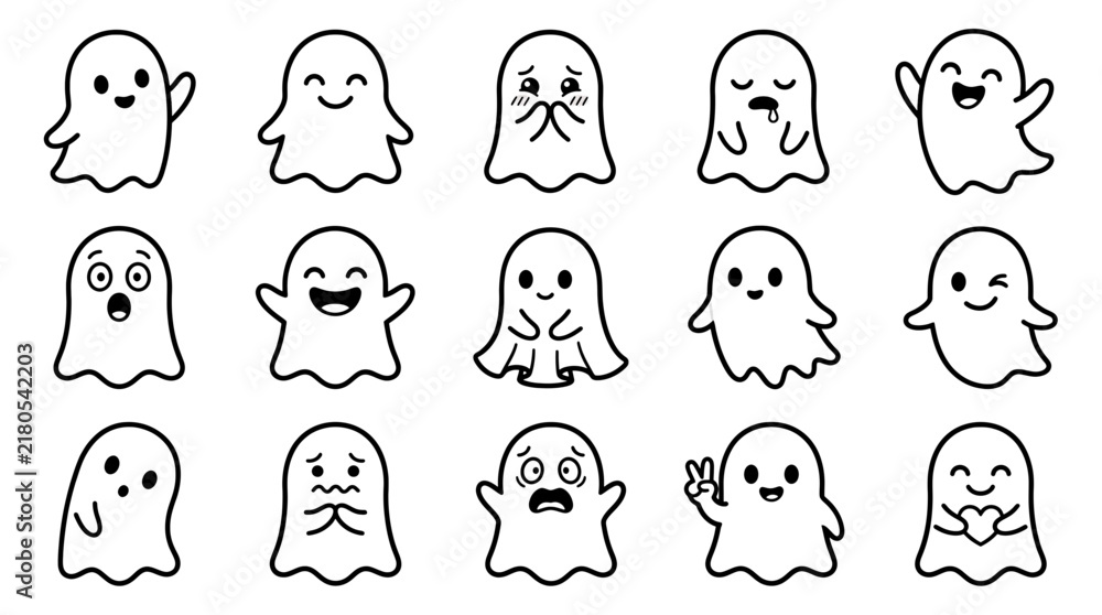 Fototapeta premium Set of cute little ghost characters with different emotions isolated on white background, Vector
