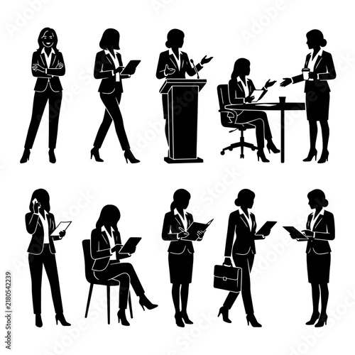 Set of black business woman silhouettes in various office poses