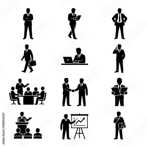 Set of black business people icons and professional work activities