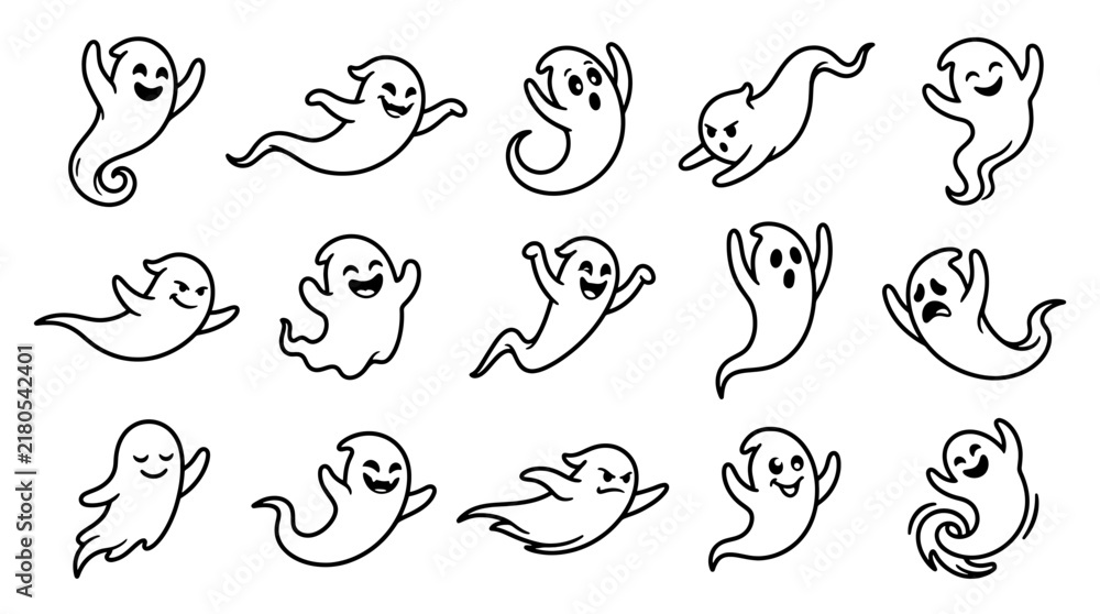 Obraz premium Set of cute cartoon ghosts for Halloween design isolated on white background, Vector
