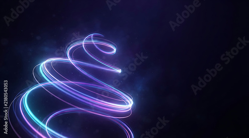 Abstract glowing neon blue and purple spiral light trail moving in dark space