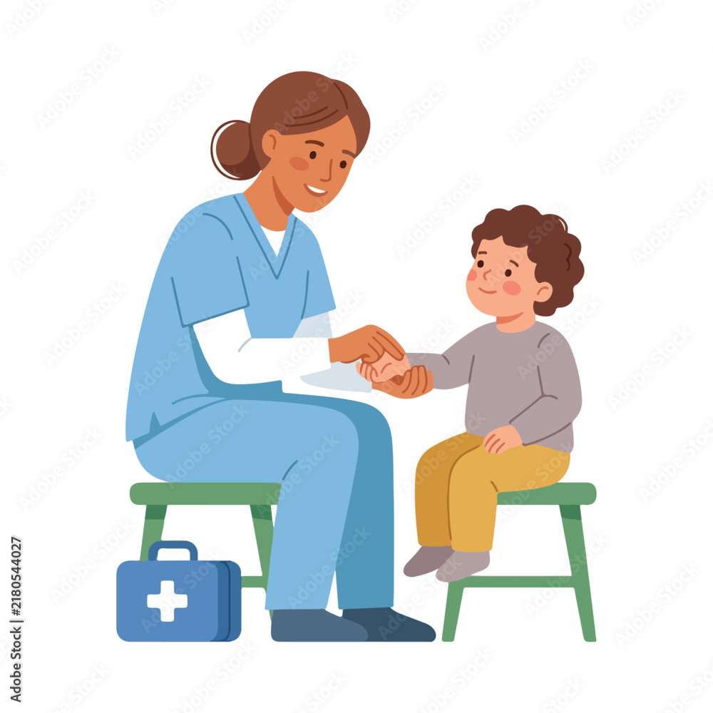 Obraz premium A friendly female nurse sitting on a stool carefully examines a young boy's hand in a medical clinic environment.