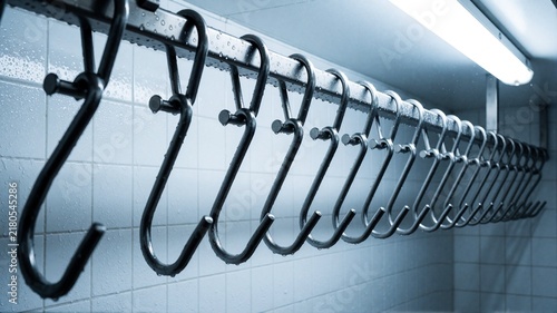 Empty stainless steel meat hooks in cold storage room