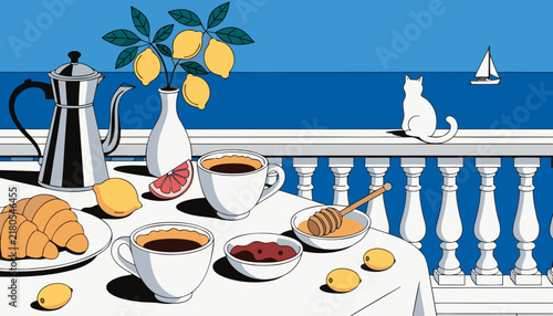 Mediterranean Terrace Breakfast with Sea View and Fresh Fruits, Flat Vector Leisurely Morning Luxury Illustration