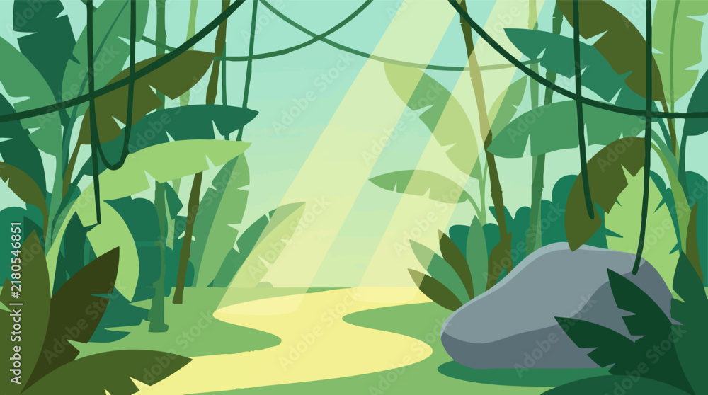 Obraz premium Cartoon jungle landscape with winding path, sunbeams, and lush foliage