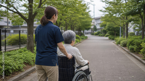 Plakat w ramie 車椅子を押す介護スタッフとシニア女性 屋外散歩 写真