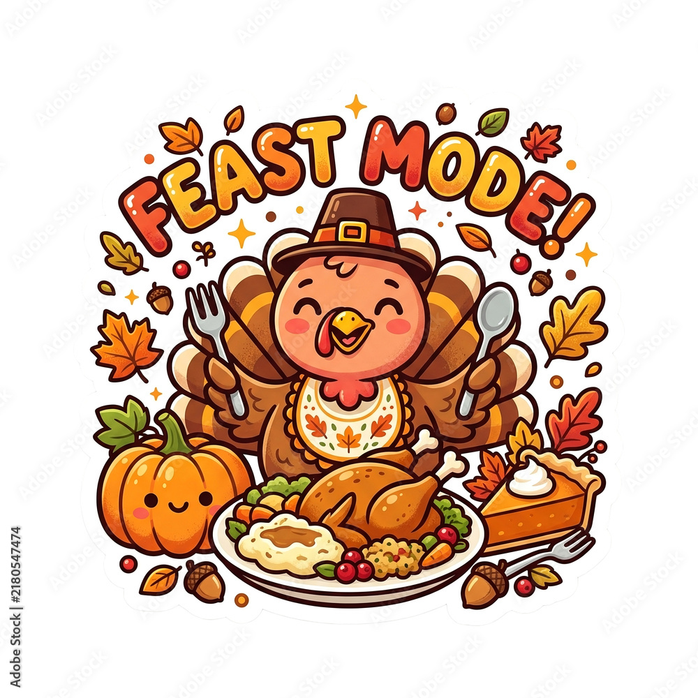 Naklejka premium Cute Cartoon Thanksgiving Turkey Wearing A Pilgrim Hat With A Feast Plate