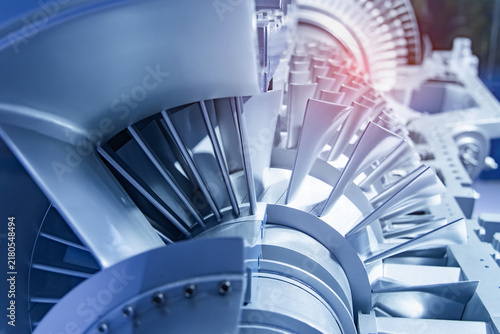 Model of turbine engine with longitudinal section for studying arrangement of blades and combustion chambers