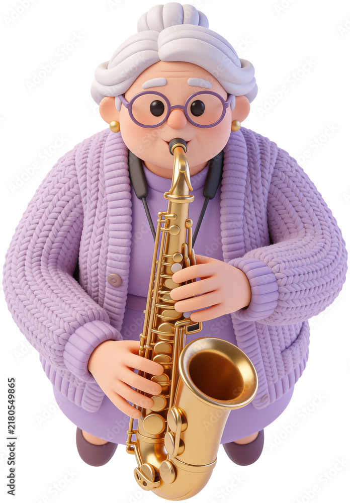 Fototapeta premium Cute 3D senior woman in a purple cardigan wearing glasses while playing a golden saxophone with passion