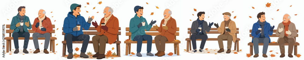 Fototapeta premium A flat vector illustration of a man and a elderly man sitting together on a park bench, talking outdoors in autumn while enjoying warm coffee