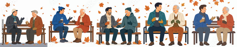 Obraz premium A flat vector illustration of a man and a elderly man sitting together on a park bench, talking outdoors in autumn while enjoying warm coffee
