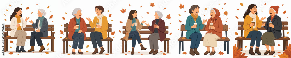 Fototapeta premium A flat vector illustration of a woman and a elderly woman sitting together on a park bench, talking outdoors in autumn while enjoying warm coffee