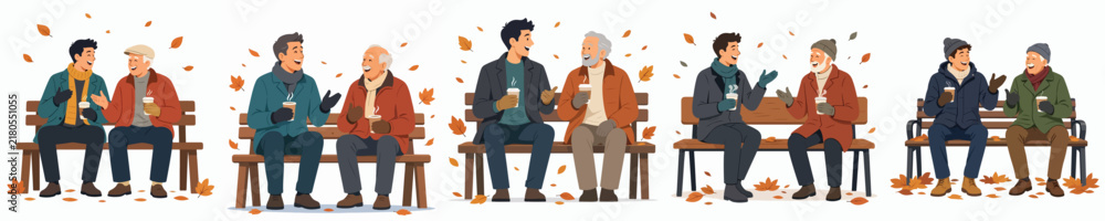Fototapeta premium A flat vector illustration of a man and a elderly man sitting together on a park bench, talking outdoors in autumn while enjoying warm coffee