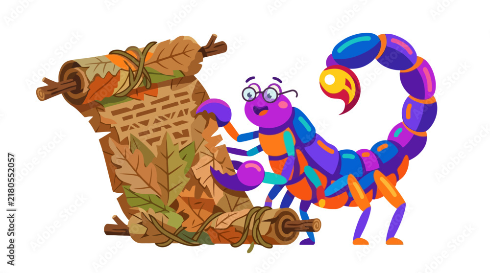 Obraz premium Colorful Cartoon Scorpion Carrying Treasure Chest.
