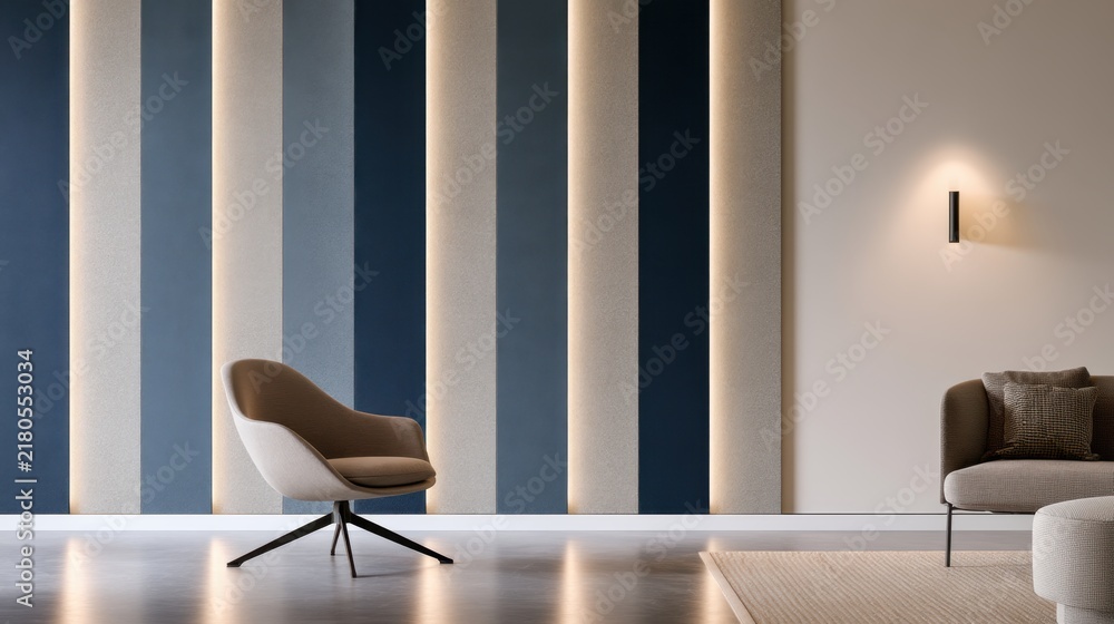 Fototapeta premium Modern interior design with elegant striped accent wall and cozy armchair for contemporary living space