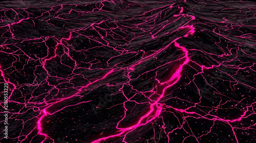 Dark volcanic terrain streaked with glowing pink fissures, creating a surreal and energetic landscape of molten fantasy and vivid contrast