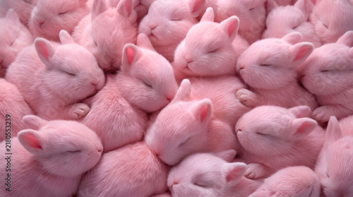 A cluster of tiny pink rabbits sleeping closely together, forming a soft and harmonious texture that radiates warmth, innocence, and tenderness