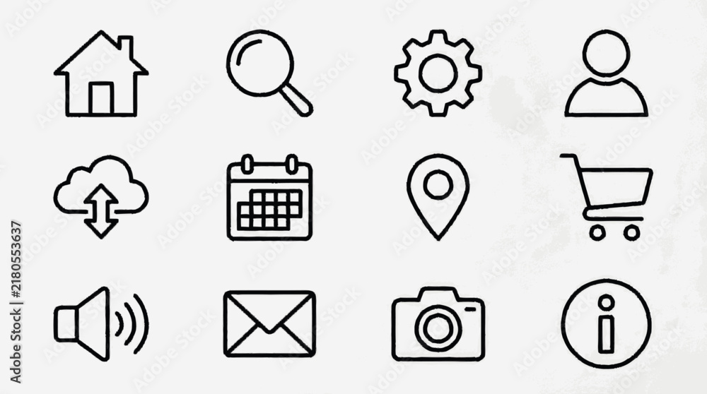 Fototapeta premium Industrial Style Black and White Line Icons Set Featuring Home Search Gear Person Cloud Calendar Location Shopping Cart Speaker Email Camera and Info Symbols
