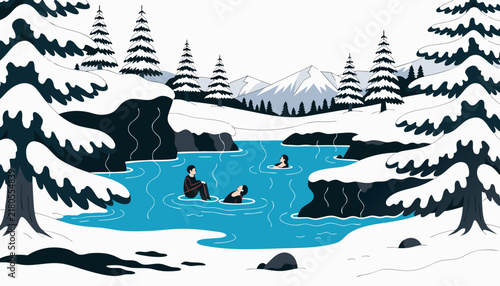 Natural Hot Springs in Snowy Mountain Landscape, Flat Vector Tranquil Winter Wellness Escape Illustration