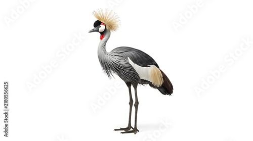 Beautiful grey crowned crane bird standing and looking to the side with elegant golden feathers on its head
