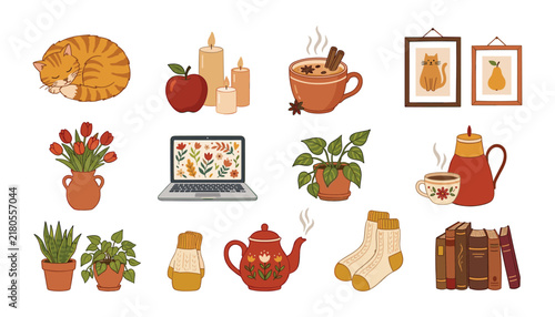 Cozy Hygge Lifestyle Vector Set with Sleeping Ginger Cat, Warm Drinks, Laptop, Houseplants, Burning Candles, Knit Socks, and Books for Autumn and Winter Comfort Graphic Designs