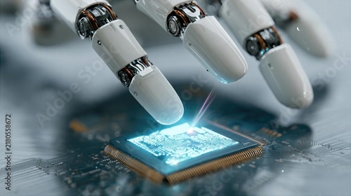 Obraz na płótnie Robot hand interacting with a computer chip in a tech lab setting