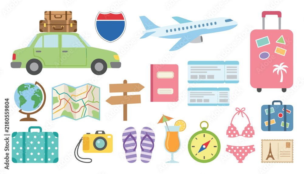 Naklejka premium Travel and Summer Vacation Vector Icon Set with Airplane Car Luggage Passport Tickets Map Camera and Beach Elements