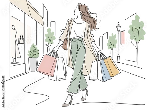 Plakat 紙袋をたくさん下げて買い物を楽しむ女性の線画イラスト