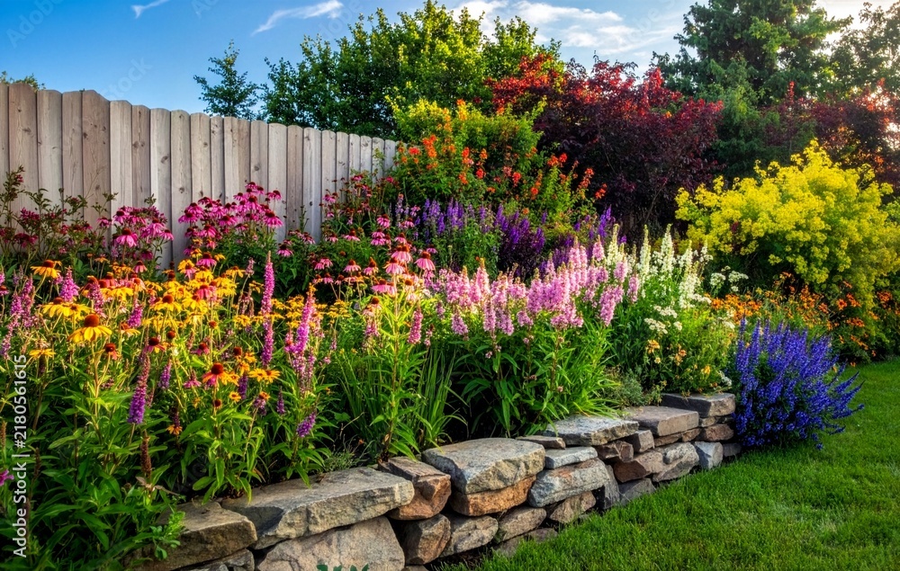 Fototapeta premium stone flowerbed packed with colorful blooming plants sits beside green lawn near English country cottage.