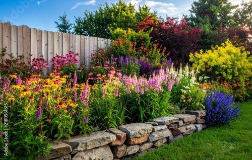 stone flowerbed packed with colorful blooming plants sits beside green lawn near English country cottage.