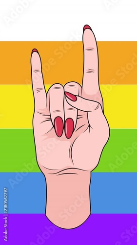 Animation of caucasian hand with red nails making rock horns sign over rainbow stripe background
