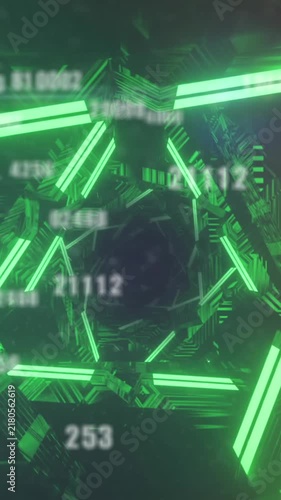 A series of green triangles forming a tunnel, with light trails spinning in a hypnotic motion