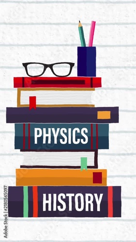Animation of pen holder and glasses over stack of books against white lined paper background